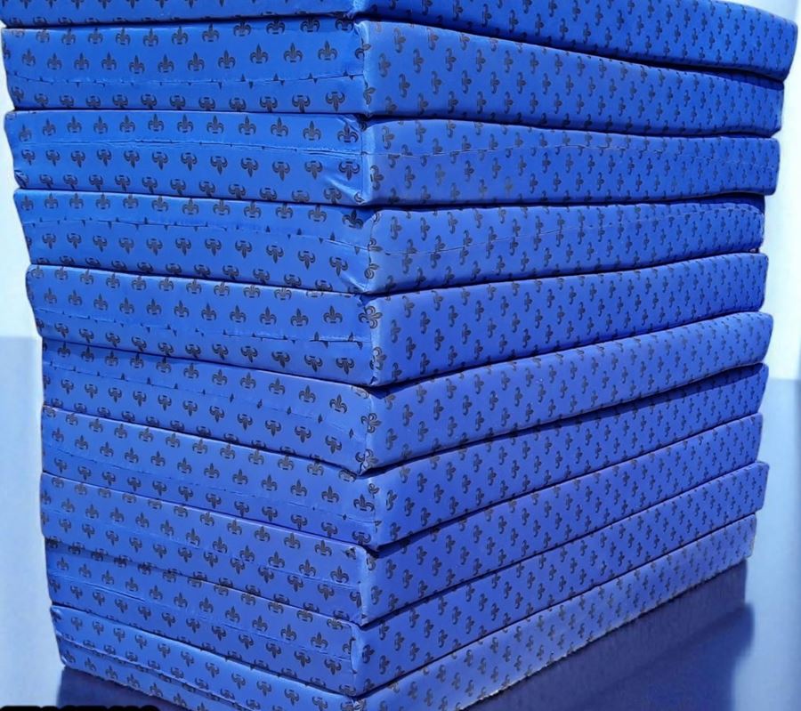 A stack of blue 6-inch high density single mattresses with a fleur-de-lis pattern