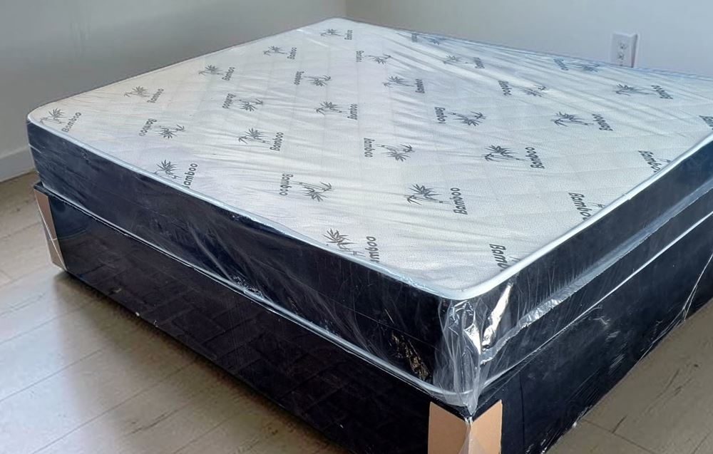 Bamboo spring queen bed with a white bamboo-print top and a dark base in an empty room